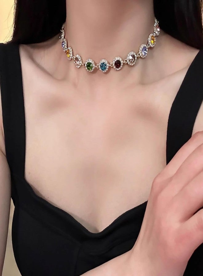 Wovanoo Crystal Choker Necklace Sparkly Rhinestone Chokers Gold Colorful Necklaces for Women Colorful Silver - Image 2